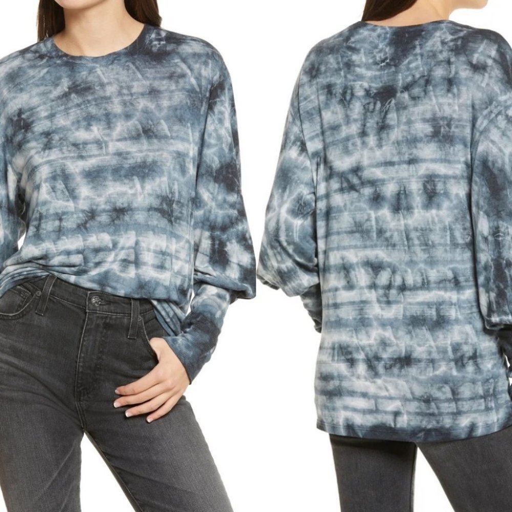 NEW Nordstrom Tie Dye Blue Blouson Long Sleeve Tee Size XXS Modal Crew Neck Top
